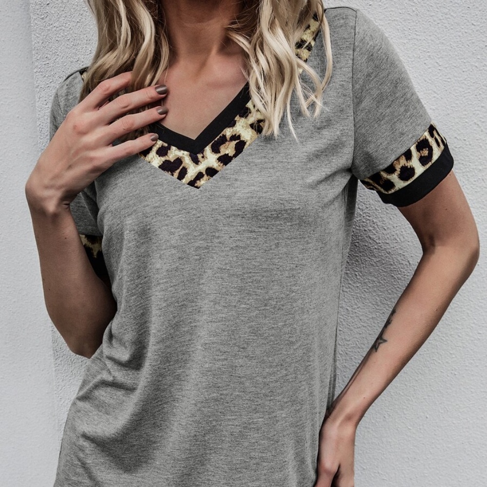 Boho Leopard Print V neck Color Block blue Top - Picture 6 of 12